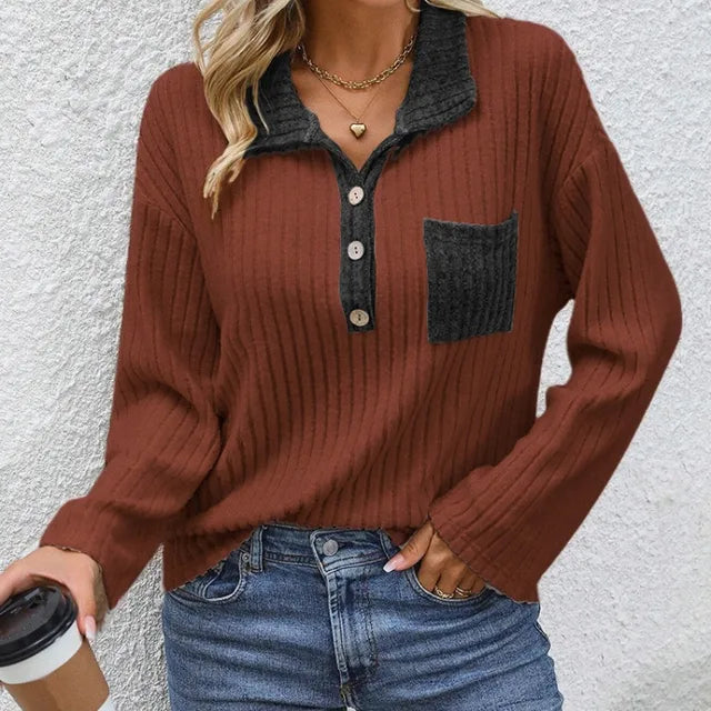 Women’s Knitted Sweater – Relaxed Fit – Ribbed Texture – Contrast Collar & Pocket