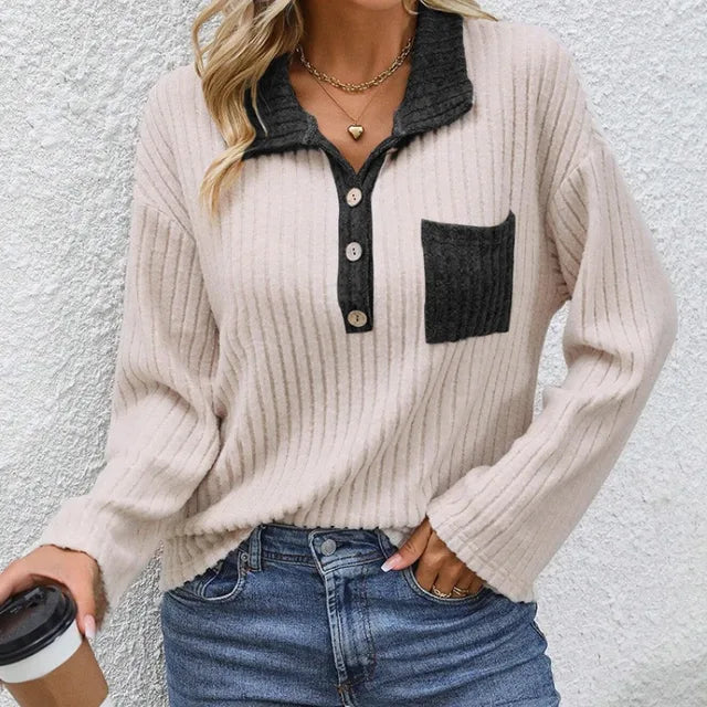 Women’s Knitted Sweater – Relaxed Fit – Ribbed Texture – Contrast Collar & Pocket