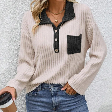 Women’s Knitted Sweater – Relaxed Fit – Ribbed Texture – Contrast Collar & Pocket