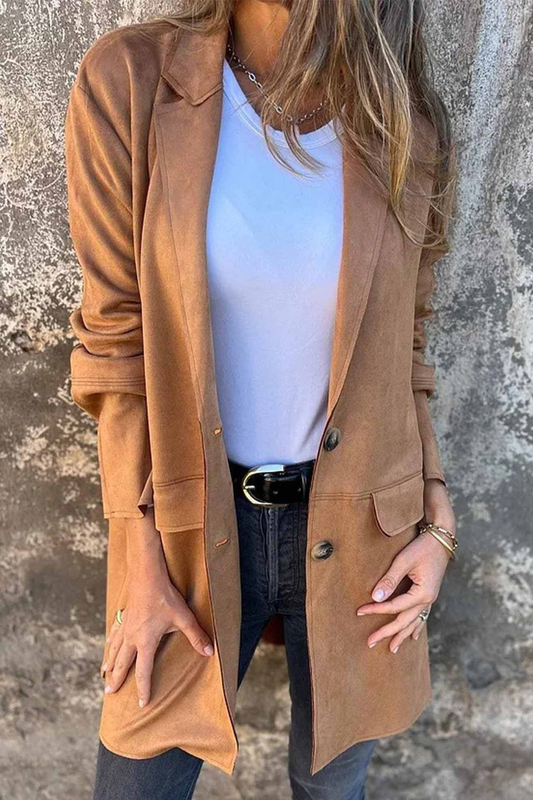 Faux Suede Button-Down Lapel Jacket