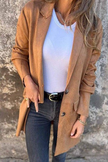 Faux Suede Button-Down Lapel Jacket