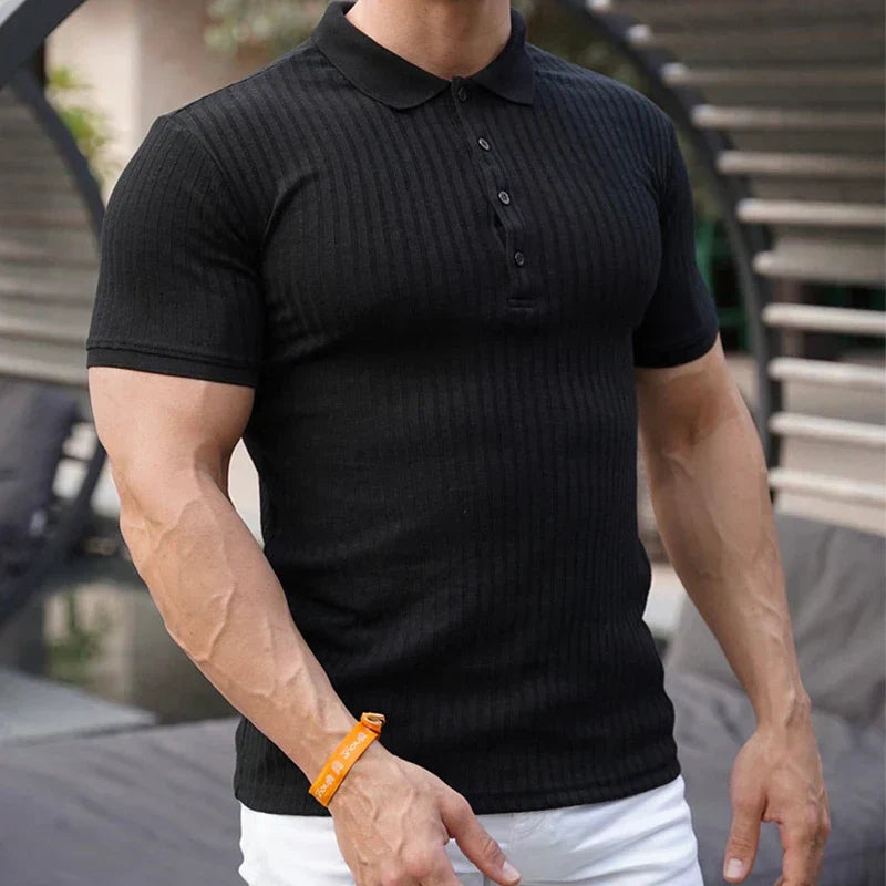 Men's Slim Fit Ribbed Polo Shirt - Breathable Stretch Athleisure for Summer