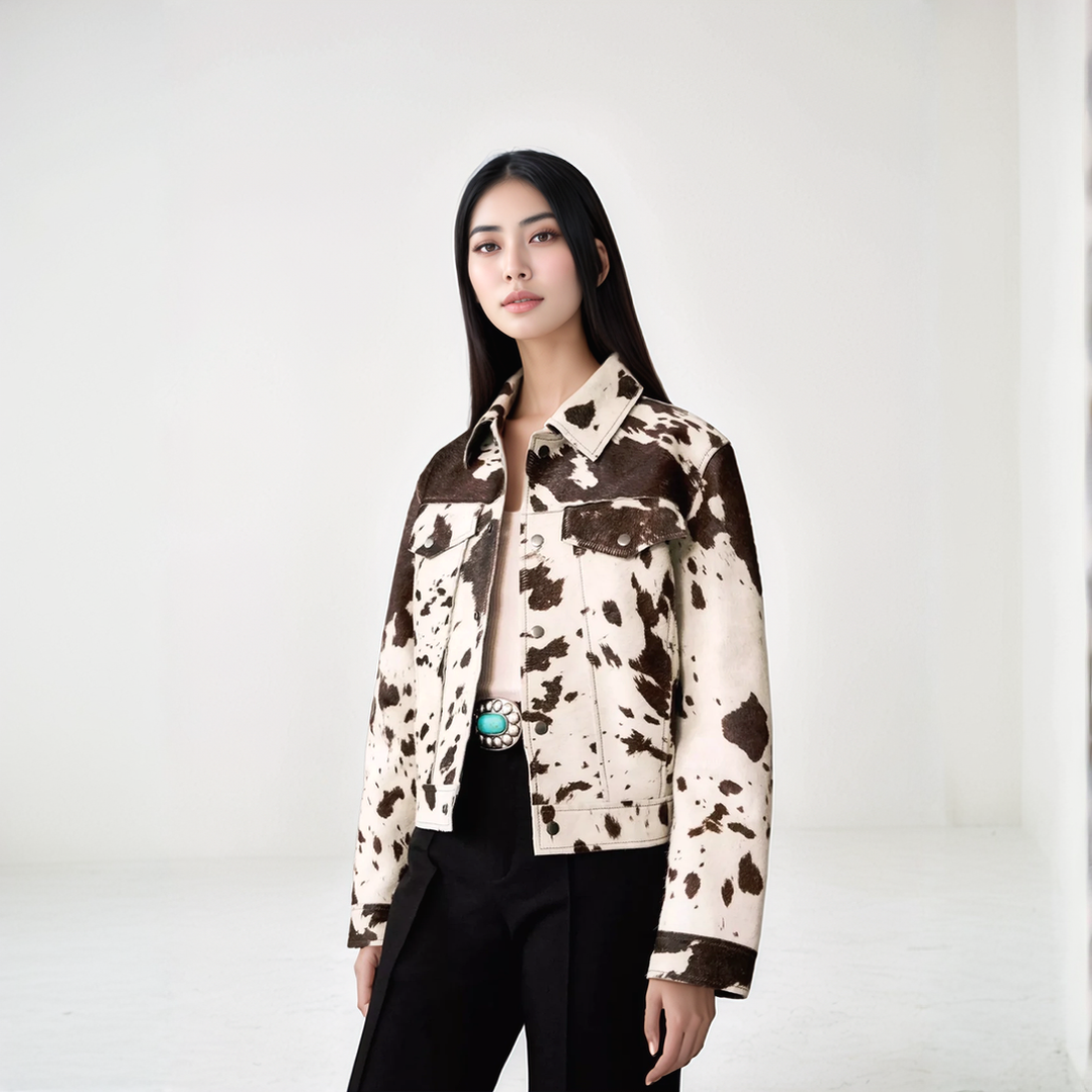 Stylish cow print single-breasted jacket for women