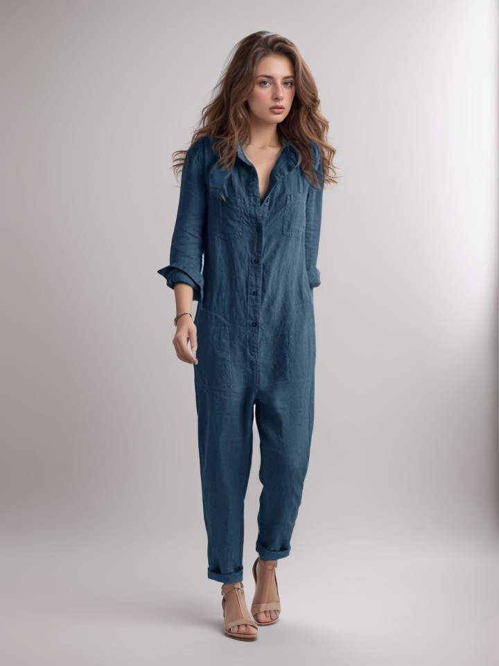 Button down long sleeve jumpsuit for women