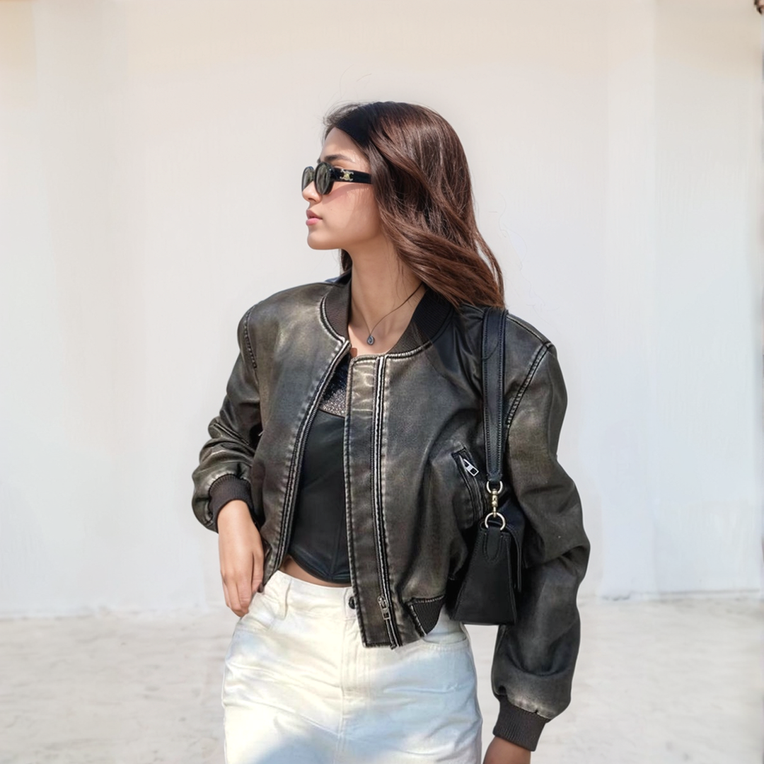 Cropped pilot bomber jacket for women