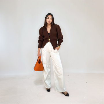 Women's Knit Cardigan - Deep V-Neck - Single Button Closure - Long Sleeve - Cropped Fit
