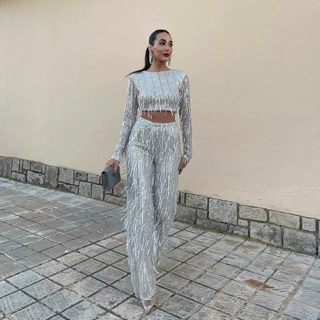Women’s Crop Top Trouser Set – Fitted Long Sleeve – High Waist Flared Leg – Embellished Partywear