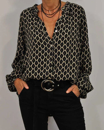 Women's Blouse - V-Neck Button-Down - Long Sleeve Loose Fit - Geometric Pattern