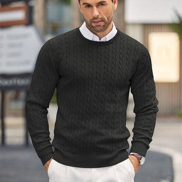Men’s Pullover Jumper – Slim Fit – Fine Knit – Cable Detail – Round Neck
