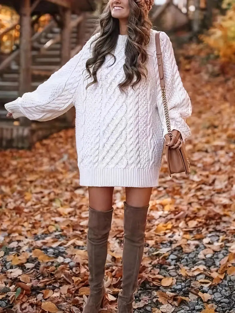 Women’s Sweater Dress – Oversized Fit – Wool Blend Knit – Cable Pattern – Mini Length