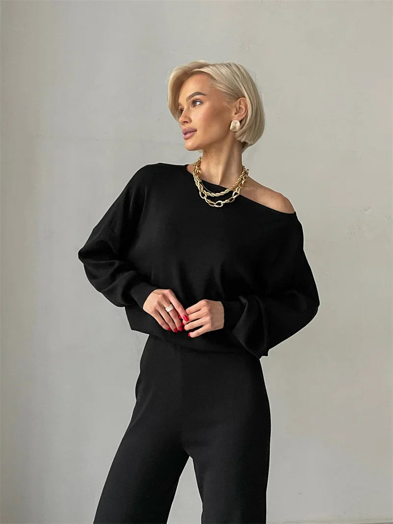 Women's One-Shoulder Two-Piece Lounge Set – Wide-Leg Pants & Relaxed Top