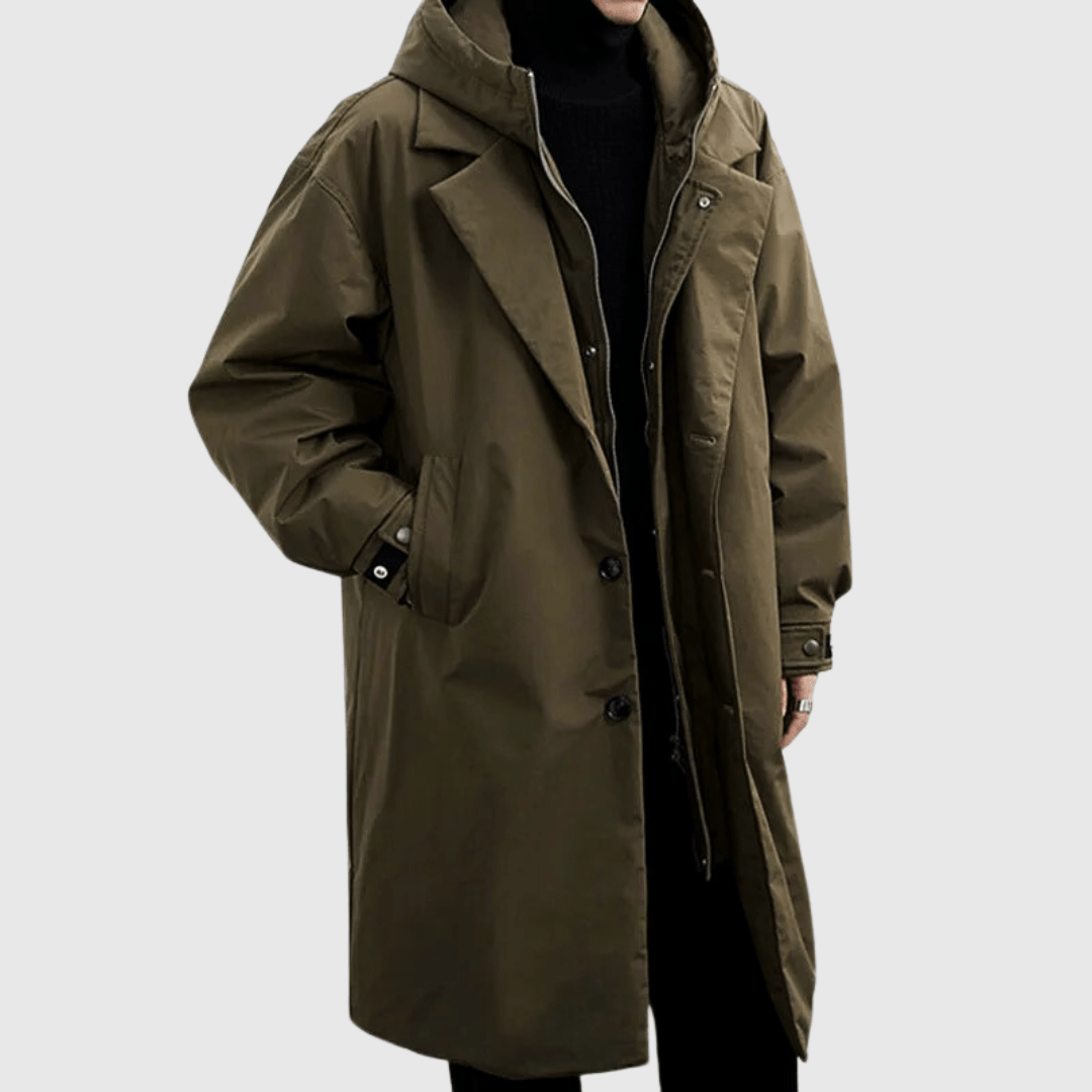 Men’s Oversized Coat – Weather-Resistant – Hooded – Button Closure – Knee Length