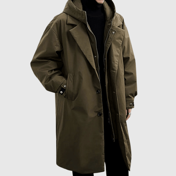 Men’s Oversized Coat – Weather-Resistant – Hooded – Button Closure – Knee Length