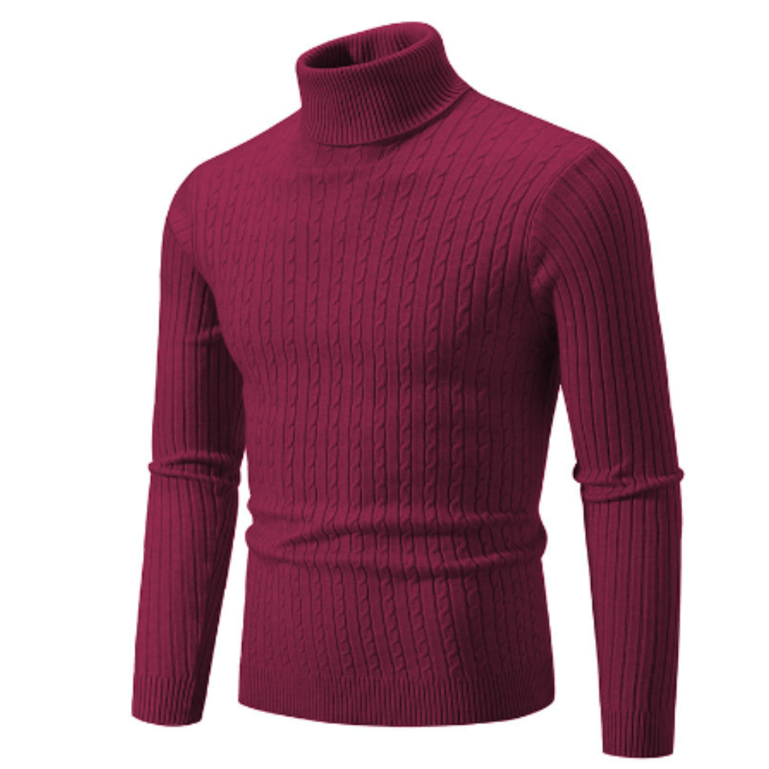 Men’s Turtleneck Sweater – Slim Fit – Wool – Cable Knit – Ribbed Collar & Hem
