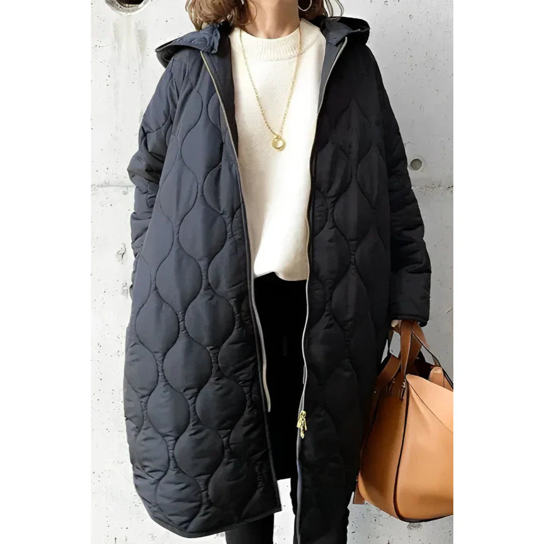 Women’s Quilted Jacket – Oversized Fit – Long Length – Hooded with Zip Front