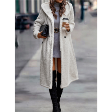 Women’s Long Coat – Relaxed Fit – Faux Shearling – Notched Lapel – Side Pockets