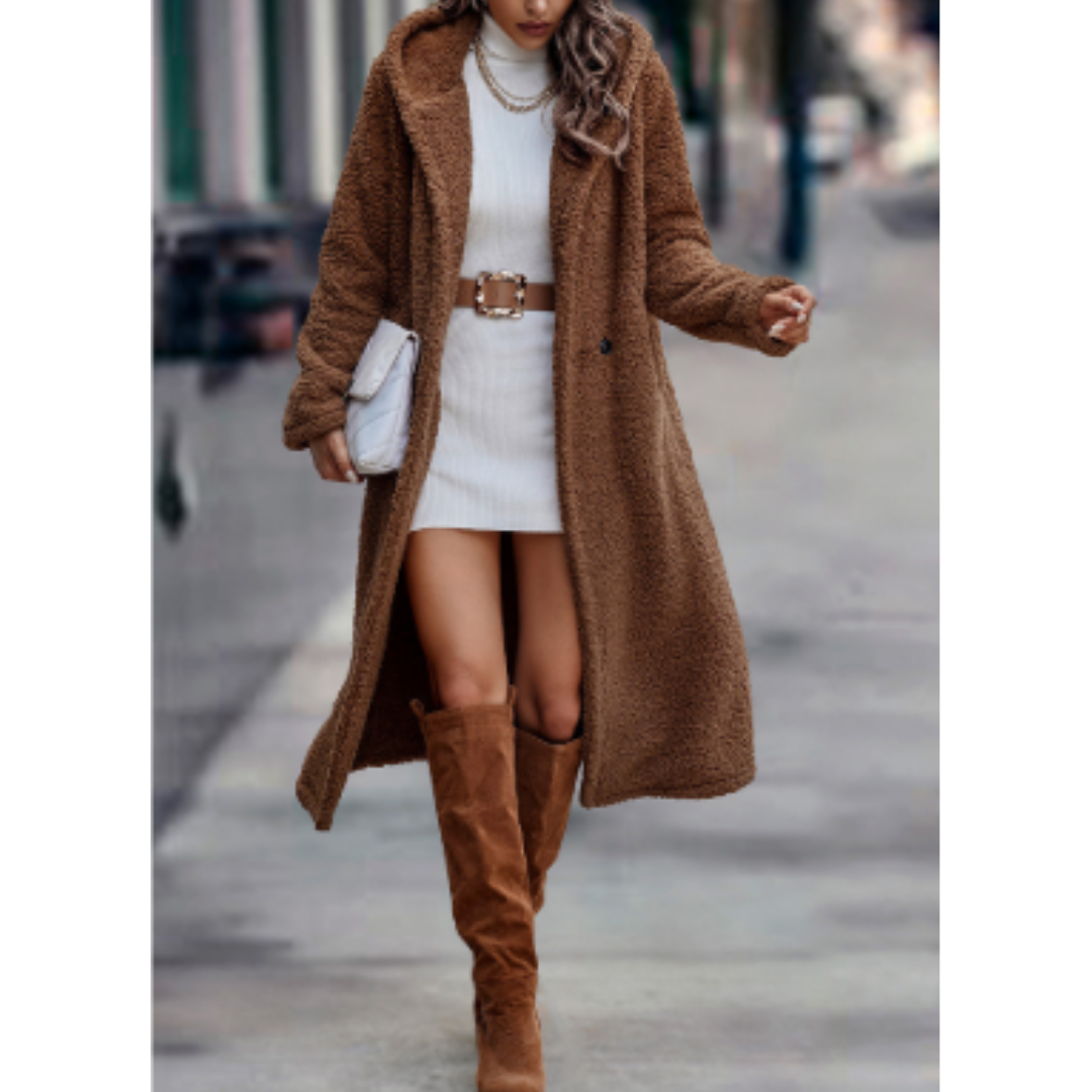 Women’s Long Coat – Relaxed Fit – Faux Shearling – Notched Lapel – Side Pockets