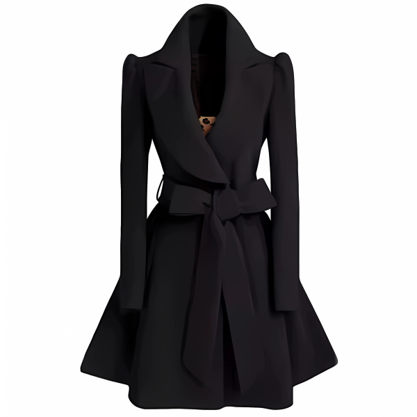 Women’s Coat – Slim Fit Wool Blend – A-Line Skirt – Belted Bow Waist – Wide Collar