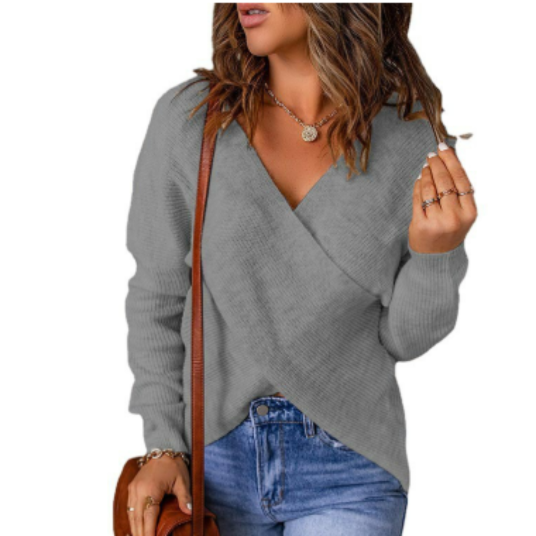 Women’s Sweater – Relaxed Fit Knit – Ribbed Texture – Crossed Front Long Sleeve