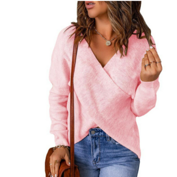 Women’s Sweater – Relaxed Fit Knit – Ribbed Texture – Crossed Front Long Sleeve
