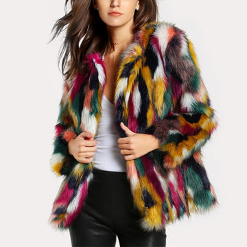 Women’s Faux Fur Coat – Oversized Fit – Mid-Length – Patchwork Fluffy Texture