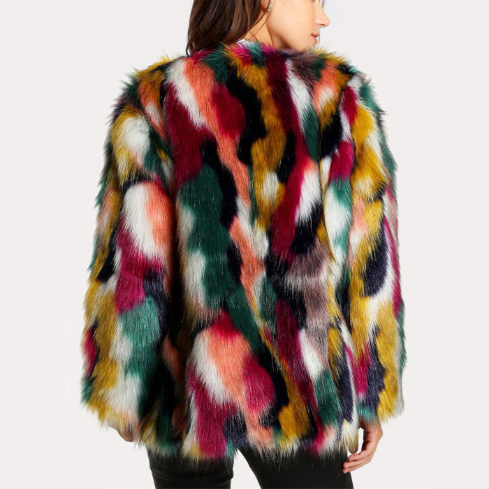 Women’s Faux Fur Coat – Oversized Fit – Mid-Length – Patchwork Fluffy Texture