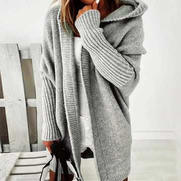 Women’s Cardigan – Oversized Relaxed Fit – Hooded Knit – Knee-Length – Ribbed Cuffs