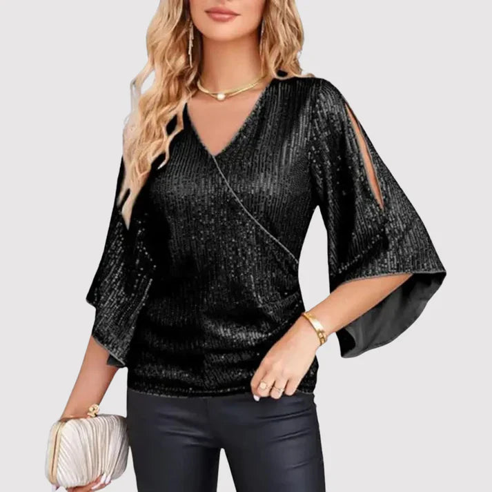 Women’s V-Neck Top – Sparkling Sequined – 3/4 Flared Sleeve – Relaxed Fit