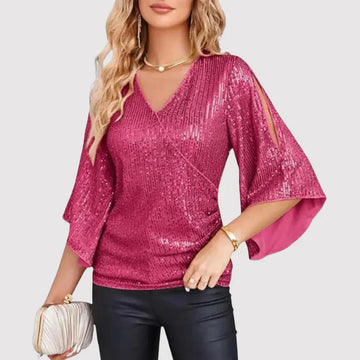 Women’s V-Neck Top – Sparkling Sequined – 3/4 Flared Sleeve – Relaxed Fit