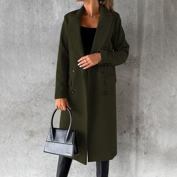 Women’s Double-Breasted Coat – Tailored Fit – Wool Blend – Knee Length – Formal Style