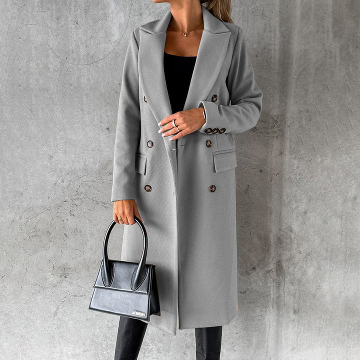 Women’s Double-Breasted Coat – Tailored Fit – Wool Blend – Knee Length – Formal Style