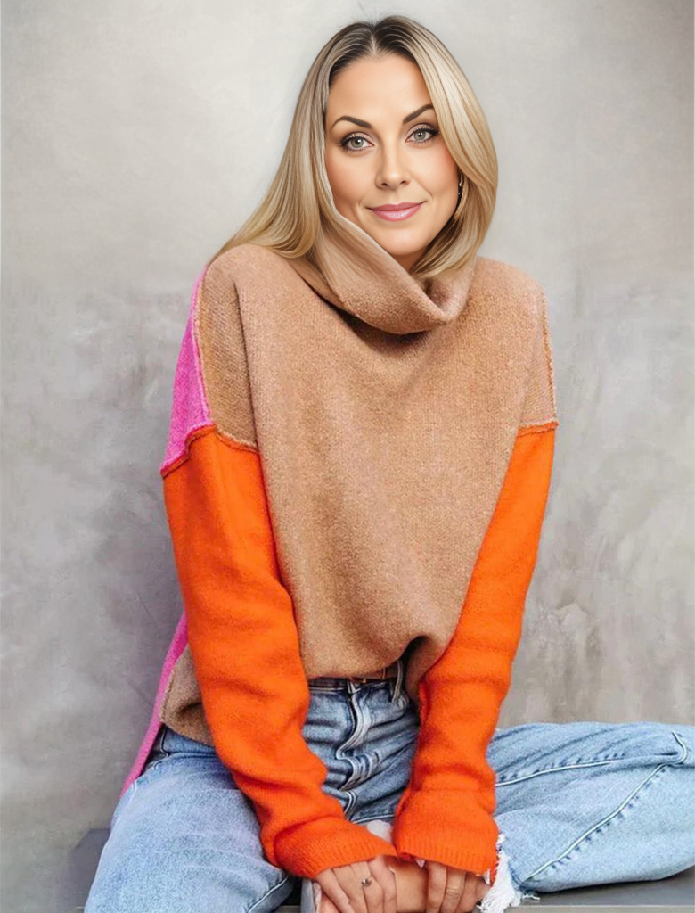 Women’s Pullover Sweatshirt – Relaxed Fit – Cowl Neck – Knitted – Long Sleeve – Color Block