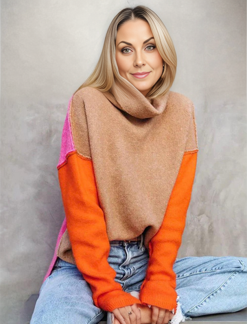 Women’s Pullover Sweatshirt – Relaxed Fit – Cowl Neck – Knitted – Long Sleeve – Color Block