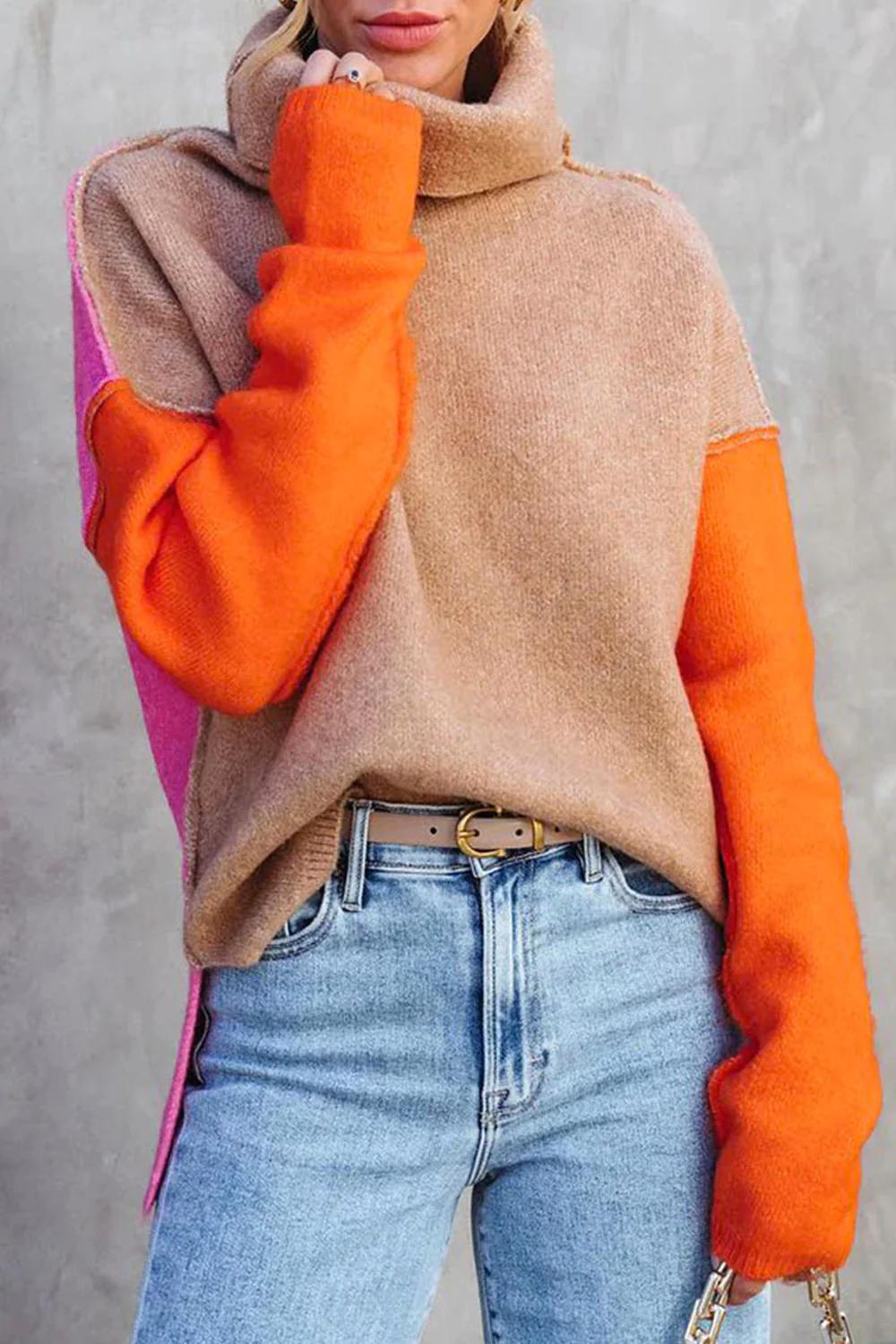 Women’s Pullover Sweatshirt – Relaxed Fit – Cowl Neck – Knitted – Long Sleeve – Color Block