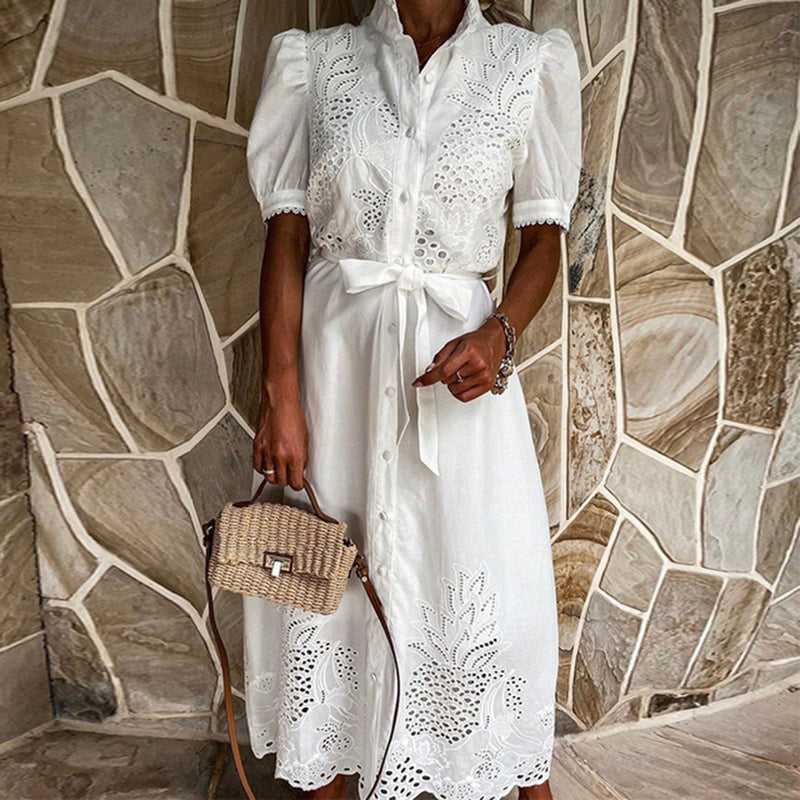 Women's Maxi Dress - Embroidered Cut-Out Design - Puff Sleeve - Button-Down - Waist Tie