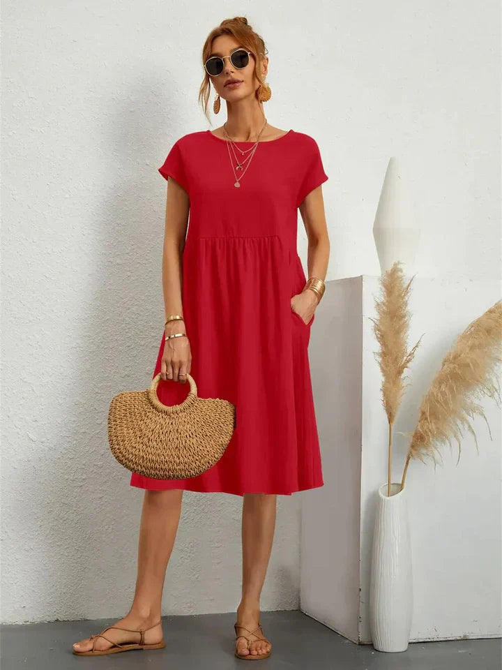 Women's Midi Dress - A-Line Silhouette - Short Sleeve - Round Neck - Lightweight Fabric