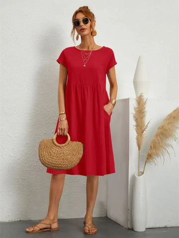 Women's Midi Dress - A-Line Silhouette - Short Sleeve - Round Neck - Lightweight Fabric