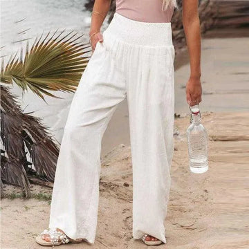 Women’s Wide-Leg Pants - High Waist - Elastic Waistband - Lightweight Linen Blend