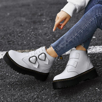 Women’s Ankle Boots – Chunky Sole – Heart Buckles – Faux Leather – Structured Fit