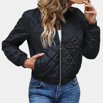 Women’s Bomber Jacket – Quilted Diamond Pattern – Relaxed Fit – Zip Front – Ribbed Trim