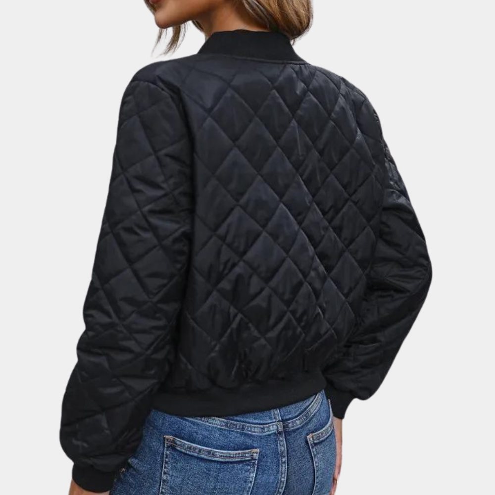 Women’s Bomber Jacket – Quilted Diamond Pattern – Relaxed Fit – Zip Front – Ribbed Trim