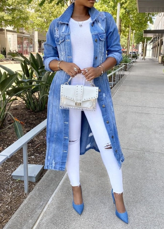 Women’s Oversized Jacket – Denim Look – Button-Down – Mid-Thigh Length – Flap Pockets