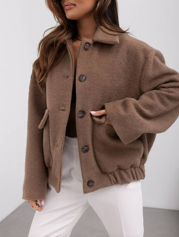Women’s Casual Coat – Wool Blend – Relaxed Fit – Button Front – Hip Length
