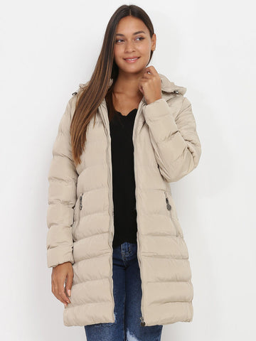 Women’s Quilted Coat – Insulated Padding – Mid-Thigh Length – Hooded – Zip Pockets