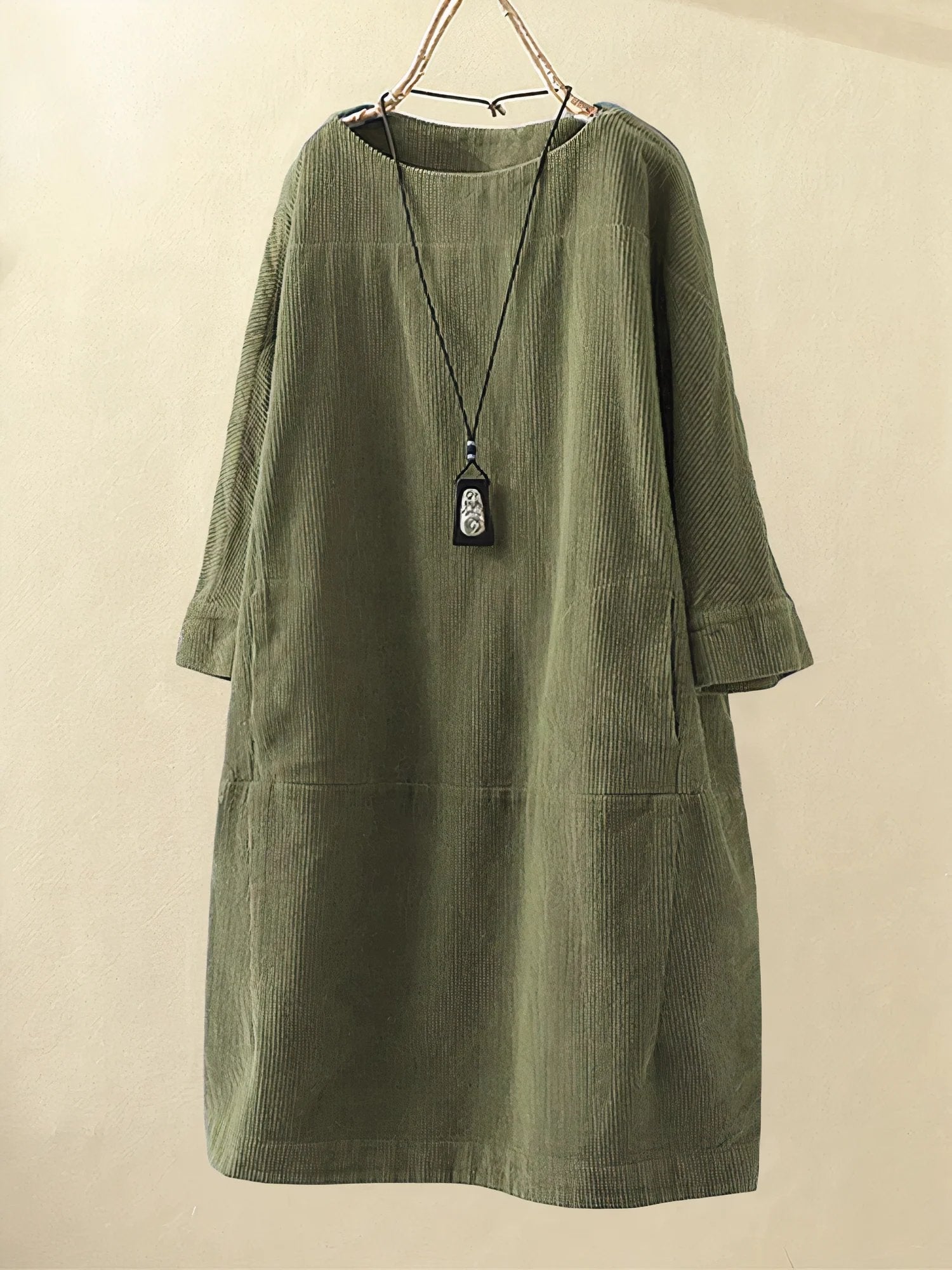 Ava Ribbed Relaxed Fit Tunic Dress | Patch Pockets 3/4 Sleeve Tunic Dress