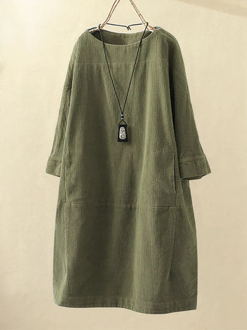 Ava Ribbed Relaxed Fit Tunic Dress | Patch Pockets 3/4 Sleeve Tunic Dress
