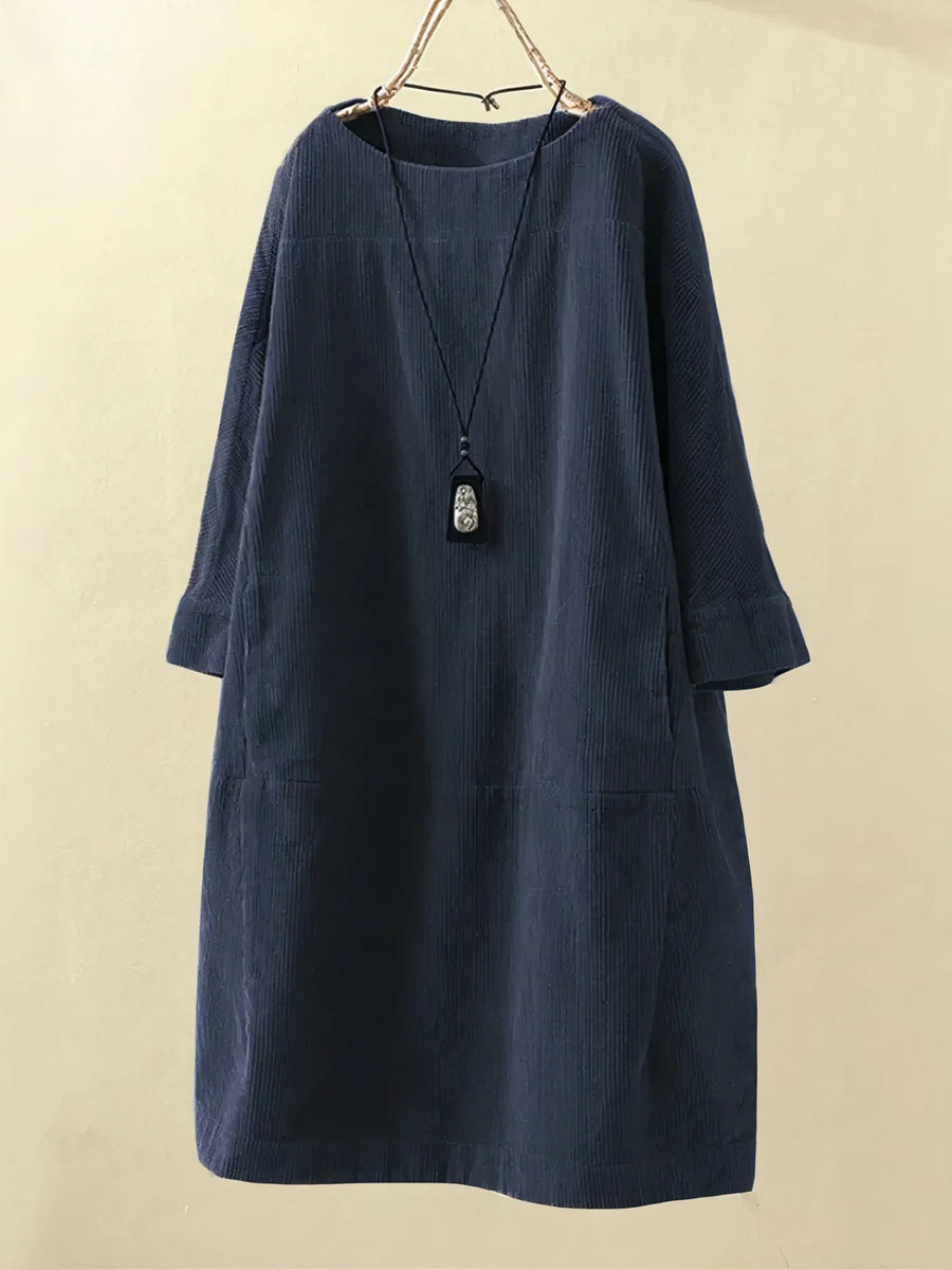 Ava Ribbed Relaxed Fit Tunic Dress | Patch Pockets 3/4 Sleeve Tunic Dress
