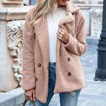 Women’s Teddy Coat – Oversized Fit – Plush Fleece – Double-Breasted Mid-Length