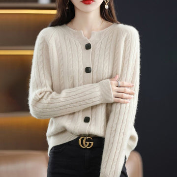 Women’s Cardigan Sweater – Wool Knit – Relaxed Fit – Cable Knit – Button Front