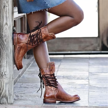 Women's Leather Boots - Mid-Calf Length - Lace-Up Detail - Flat Heel Comfortable Fit